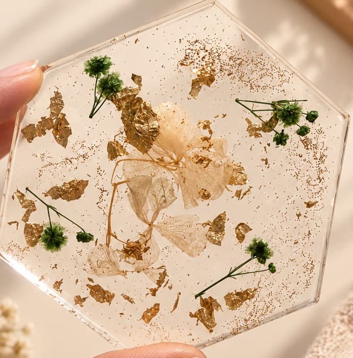 Hand holding a clear hexagon coaster with pressed flowers and gold leaf