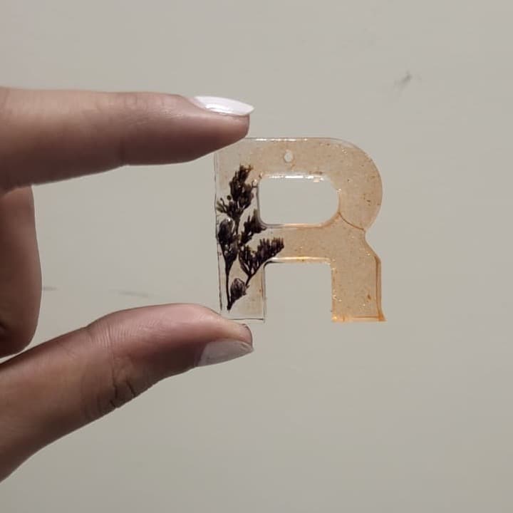 Letter R with a sprig of dried flowers, held against the light