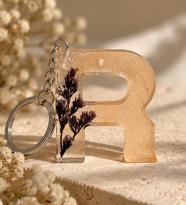 Peach letter R keychain with a sprig of dried flowers