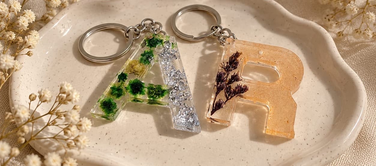 Letter A and R keychains resting on a speckled tray